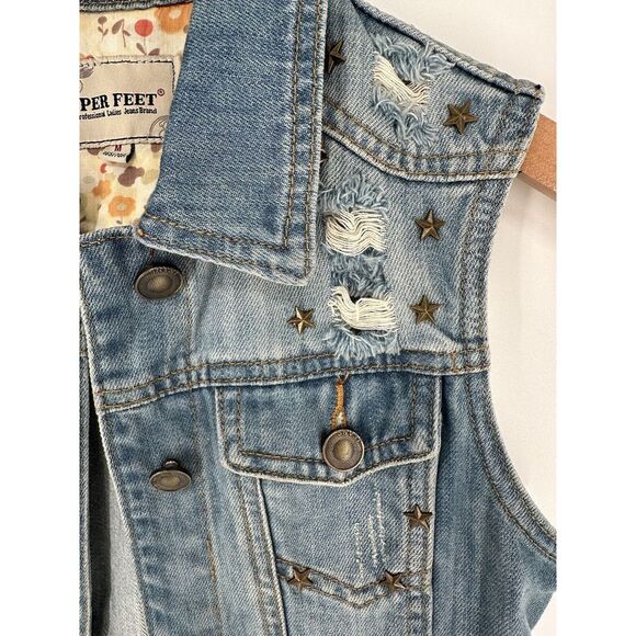 Upper Feet Denim Vest Bronze Star Embellishment Distressed USA Women's Size M - Picture 3 of 5